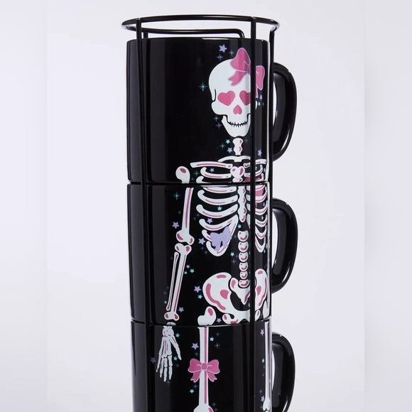 ~SOLD~ Dolls Kill Home Halloween Skull Skeleton Heartless Charm Stackable Mugs - Picture 5 of 5